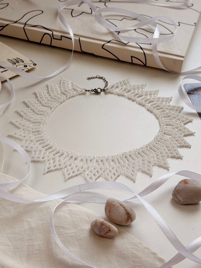 Beaded Necklace "Coastal Bloom" | White & Transparent | Handmade