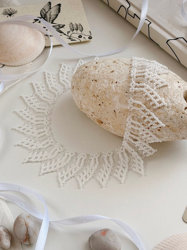 Beaded Necklace "Coastal Bloom" | White & Transparent | Handmade