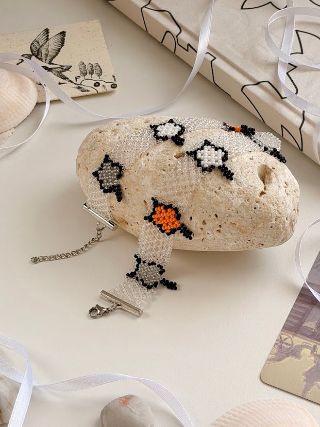Beaded Choker "Little Cats" | Transparent, Black & Orange | Handmade