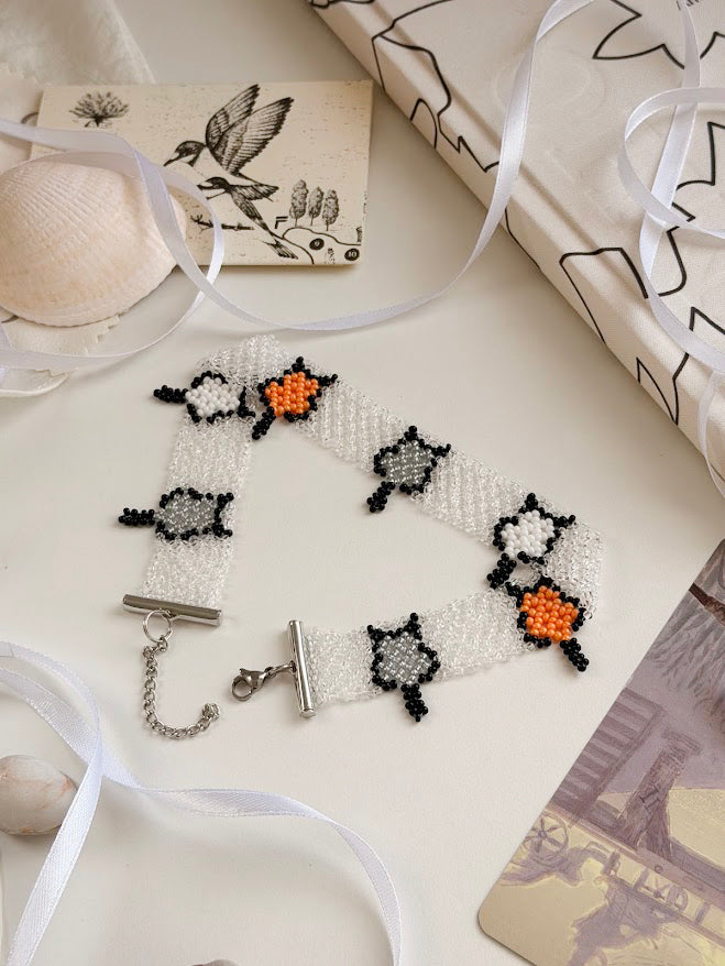 Beaded Choker "Little Cats" | Transparent, Black & Orange | Handmade