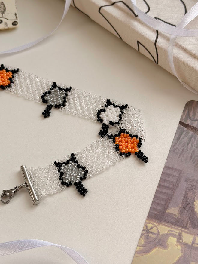Beaded Choker "Little Cats" | Transparent, Black & Orange | Handmade