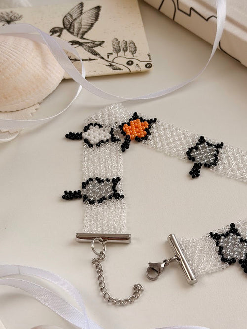 Beaded Choker "Little Cats" | Transparent, Black & Orange | Handmade