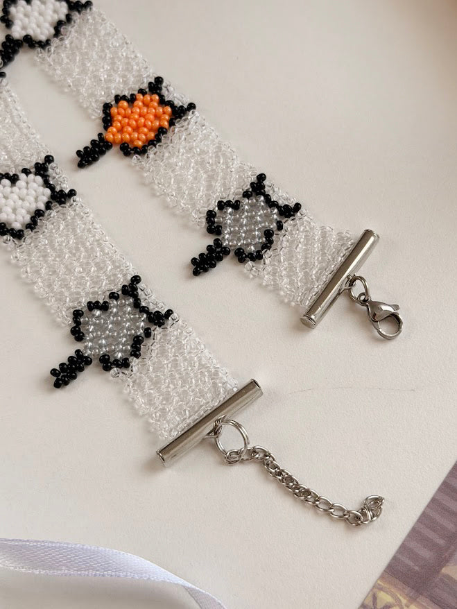 Beaded Choker "Little Cats" | Transparent, Black & Orange | Handmade