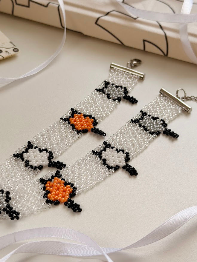 Beaded Choker "Little Cats" | Transparent, Black & Orange | Handmade