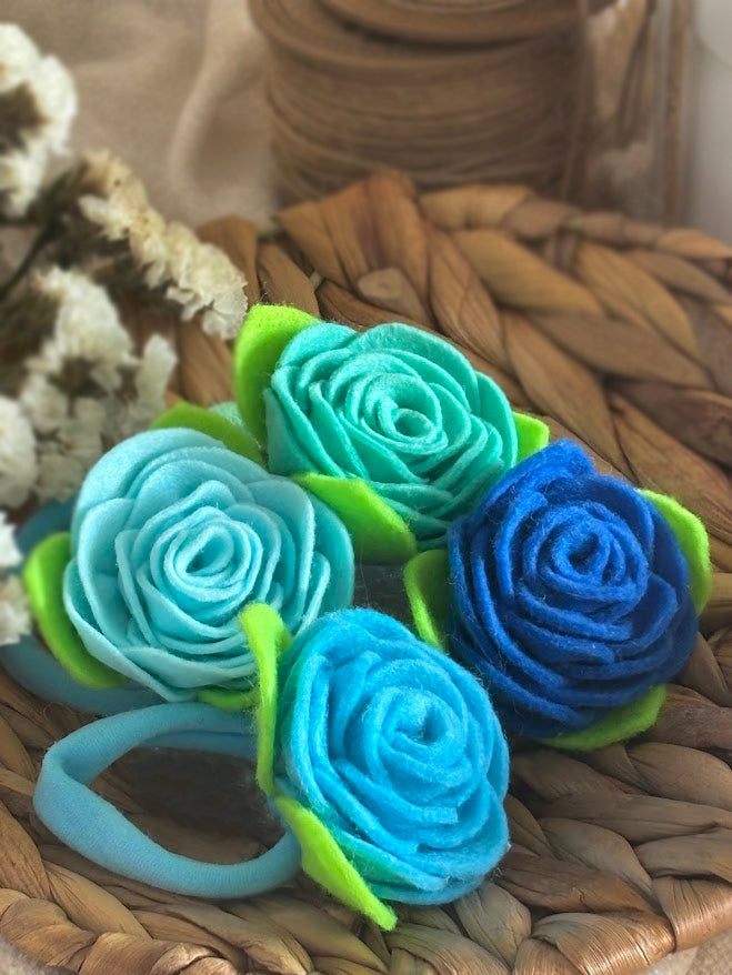 Sky Blue Felt Rose Hair Ties, Set of 2