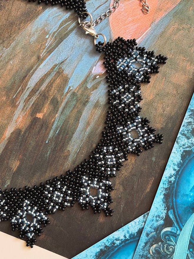 Beaded Necklace "Midnight Stars" | Black & Silver | Handmade