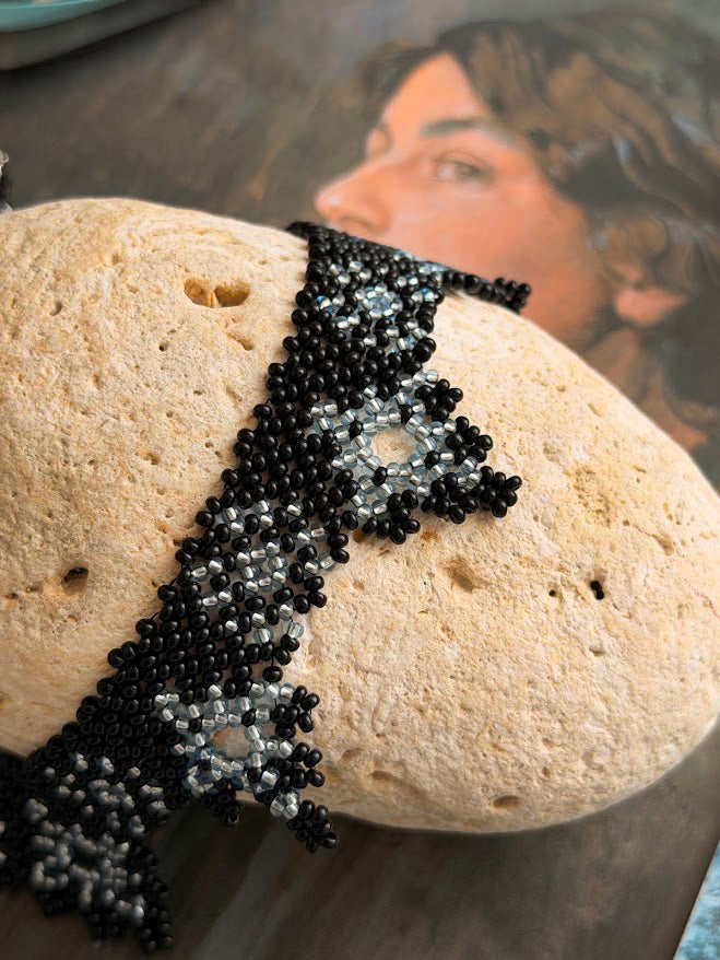 Beaded Necklace "Midnight Stars" | Black & Silver | Handmade