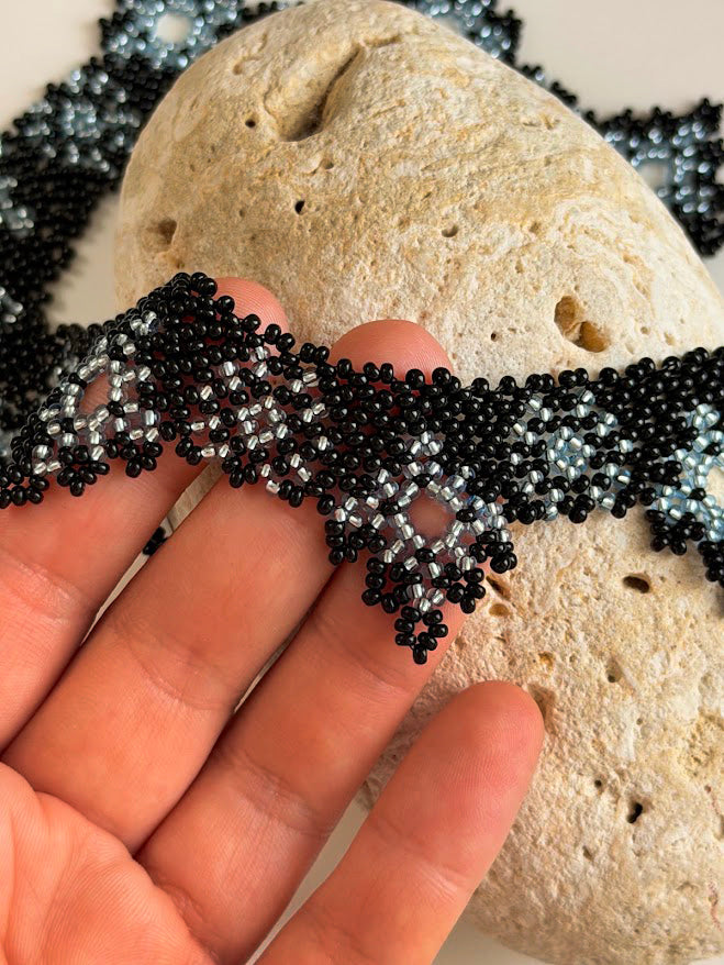 Beaded Necklace "Midnight Stars" | Black & Silver | Handmade