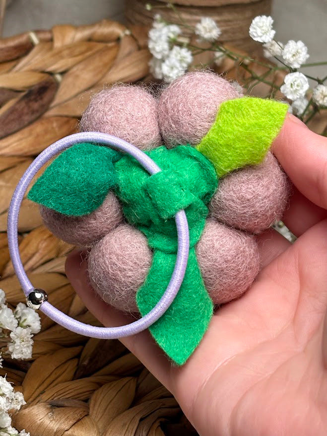 Handmade Wool Ball Flower Hair Scrunchie - Soft Lilac