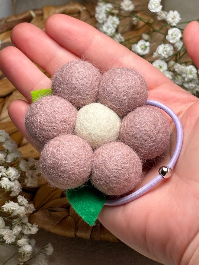 Handmade Wool Ball Flower Hair Scrunchie - Soft Lilac