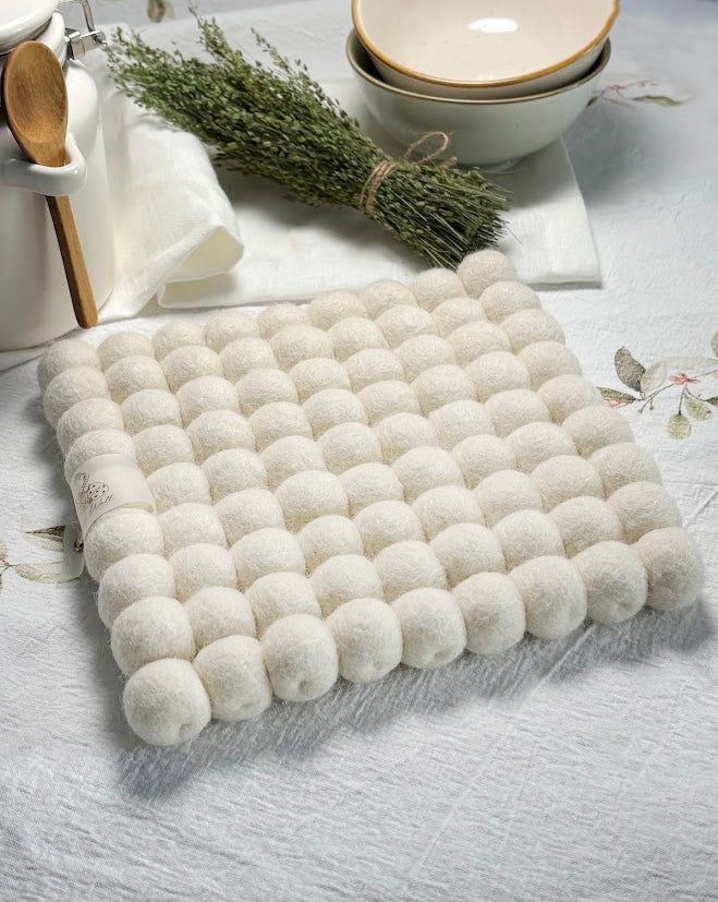 Wool Ball Trivet - Natural White Square shape