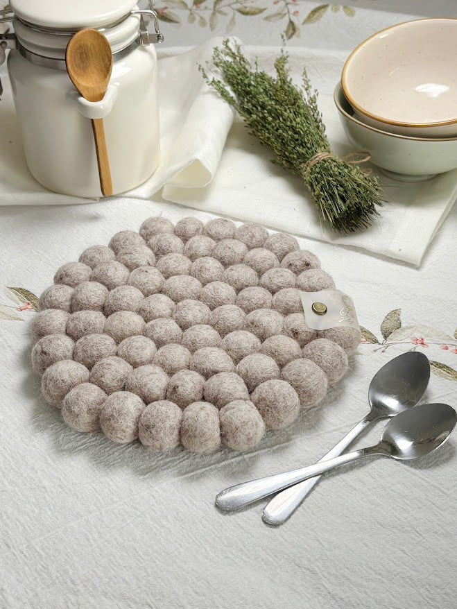 Handmade Wool Trivets - Round Beige Melange