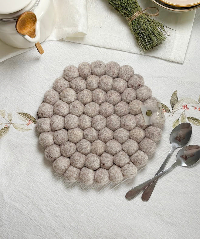 Handmade Wool Trivets - Round Beige Melange